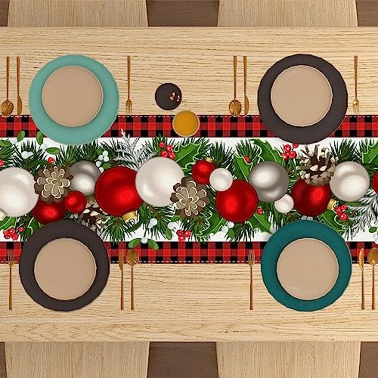72 Inches Linen Red and Black Buffalo Check Plaid Christmas Table Runner Long Seasonal Winter Christmas Xmas Holiday Farmhouse Style Table Decoration